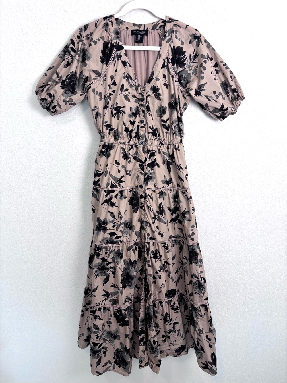 Rachel Zoe Tan Black Floral Tiered Midi Dress Women’s XS Neutral Feminine Garden